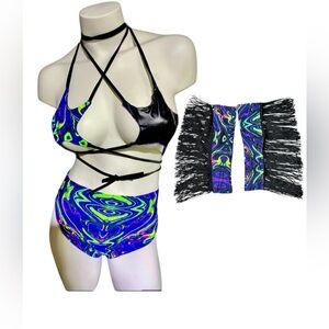 3-piece Neon Star Bikini Set Festival Rave outfit with fringe arm sleeves
